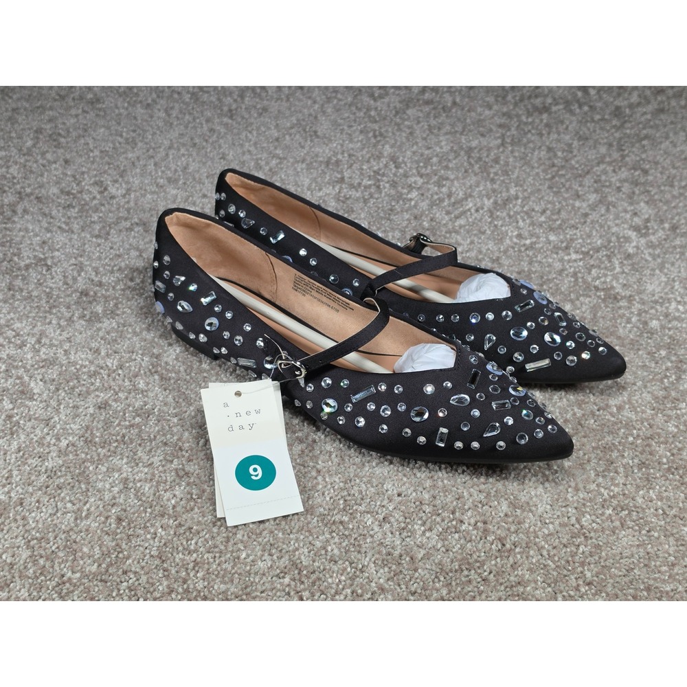 A New Day Gabriella Jet Black Rhinestone Mary Jane Pointed Toe Flats Size 9 NEW